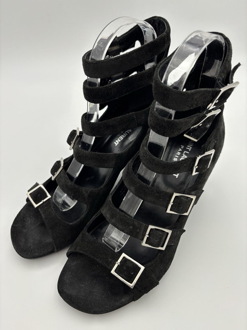 Saint Laurent Suede Gladiator Sandals Black Suede Size 37.5 / 7.5 Buckles - Picture 1 of 16